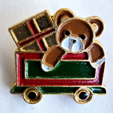 Christmas Teddy in Train Carriage Enamelled Button